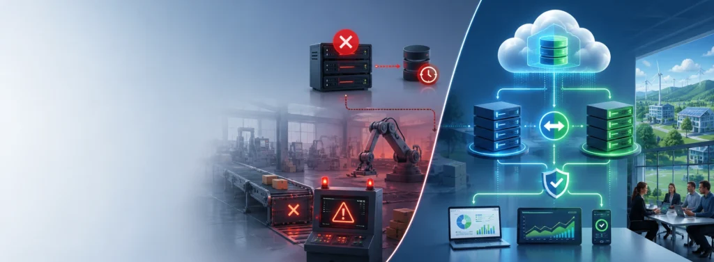 Backup and redundancy systems shown protecting business servers during an IT outage.