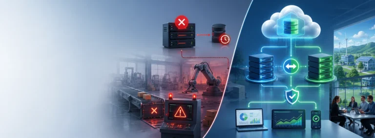 Backup and redundancy systems shown protecting business servers during an IT outage.