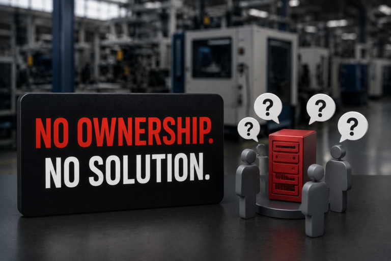 Manufacturing IT problem where multiple suppliers dispute responsibility during downtime.